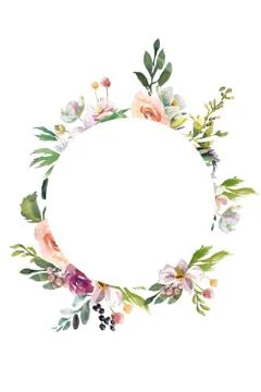Wedding romantic rustic bridal frame wreath. White purple and white flowers Stock Illustration
