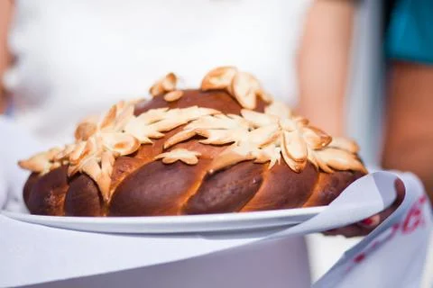 Wedding round loaf close-up Stock Photos