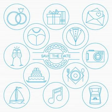 Wedding round thin line icons set Stock Illustration