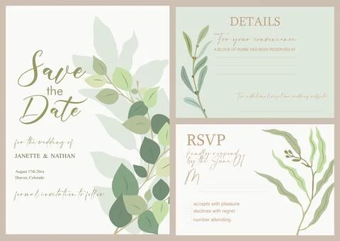 Wedding save the date invitation card eucalyptus. Stock Illustration