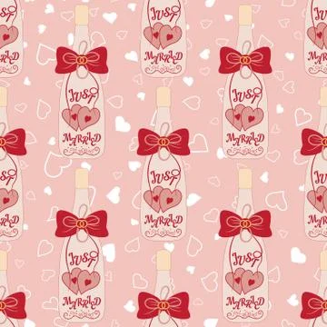 Wedding seamless pattern. Bottle of champagne with hearts and bow Stock Illustration