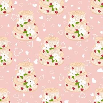 Wedding seamless pattern. Cake with cream red roses and white lilies Stock Illustration