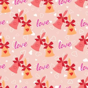 Wedding seamless pattern with elegant bells with hearts and bow Stock Illustration