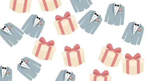 Wedding Seamless Pattern with Groom Suits and Gift Boxes on White Background Stock Footage 345539961