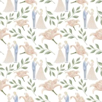 Wedding seamless pattern in pastel colors, illustrations of the bride and gro Stock Illustration