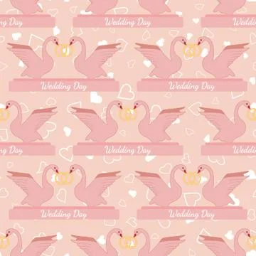 Wedding seamless pattern with pink swans hold gold rings Stock Illustration
