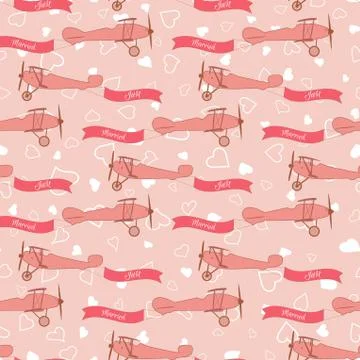 Wedding seamless pattern with retro planes and wedding banner Stock Illustration