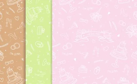Wedding seamless pattern. White doodles on color backgrounds Stock Illustration