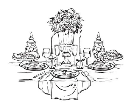 Wedding served table vector illustration romantic elegant date lunch Illustration