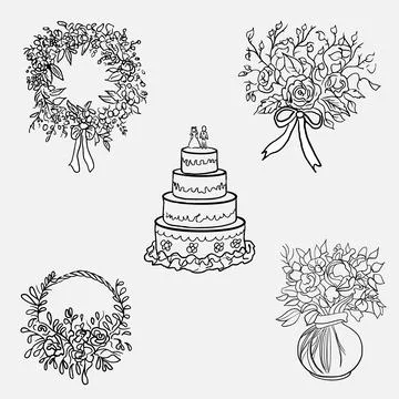 Wedding set of cake and different bouquets around. Stock Illustration