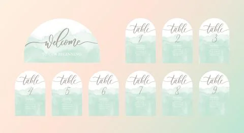 Wedding set of calligraphy guest seating card, template with number and elega Illustrazione stock
