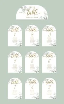 Wedding set of calligraphy guest seating card, template with number and elega Stock Illustration