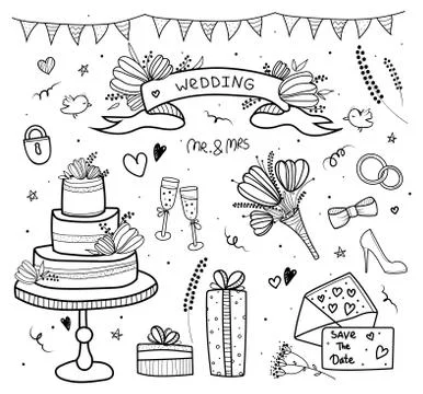 Wedding set, doodle. Hand drawn style. Stock Illustration