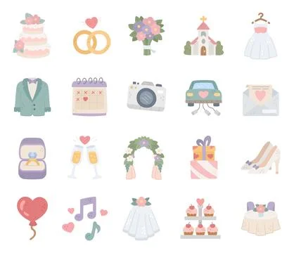 Wedding set featuring cake rings bouquet Stock Illustration