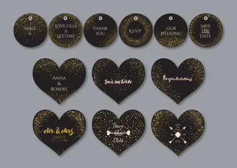 Wedding set  heart shape cards and tags with the abstract golden confetti bac Stock Illustration