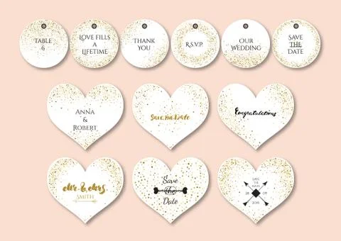 Wedding set  heart shape cards and tags with the abstract golden confetti bac Stock Illustration