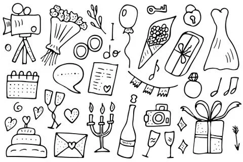 Wedding set. Holiday elements in doodle style isolated on white background. V Stock Illustration
