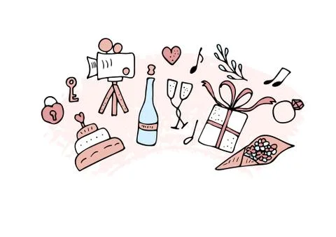 Wedding set. Holiday elements in doodle style. Vector illustration. イラスト素材