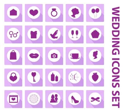 Wedding set of icons, design elements, black silhouette with long shadows Illustrazione stock