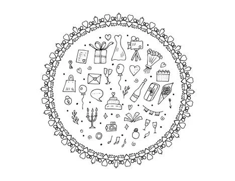 Wedding set round composition. Holiday elements in doodle style with vintage  스톡 일러스트