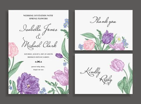 Wedding set with spring flowers. Illustrazione stock
