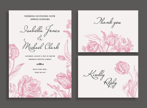 Wedding set with spring flowers. Illustrazione stock