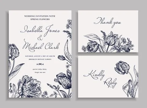 Wedding set with spring flowers. Illustrazione stock
