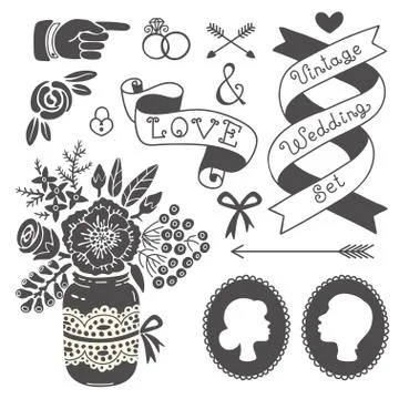 Wedding set of vintage design elements. Illustrazione stock