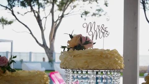 Wedding Set-Up. Wedding Cake. Mr &amp; Mrs Sign Stock Footage 157650054