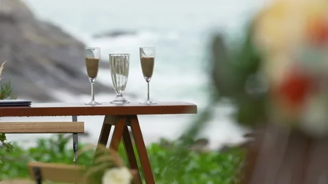 Wedding setting arch and altar decorated on the beach Stock Footage 156399006