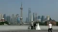 Wedding Shoot in front of Shanghai Skyline, China, Bride and Groom Photography HD Footage