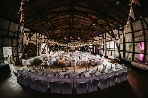 A wedding site with tables in the evening Stock Photos