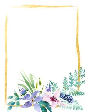 Wedding spring romantic bridal frame wreath. pink purple and white flowers green Stock Illustration
