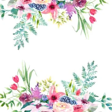 Wedding spring romantic bridal frame wreath. pink purple and white flowers green Stock Illustration