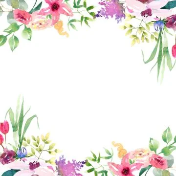 Wedding spring romantic bridal frame wreath. pink purple and white flowers green Stock Illustration