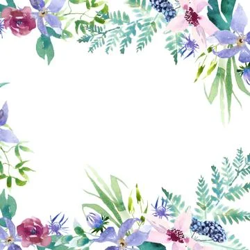Wedding spring romantic bridal frame wreath. pink purple and white flowers green Stock Illustration