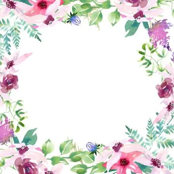 Wedding spring romantic bridal frame wreath. pink purple and white flowers green Stock Illustration