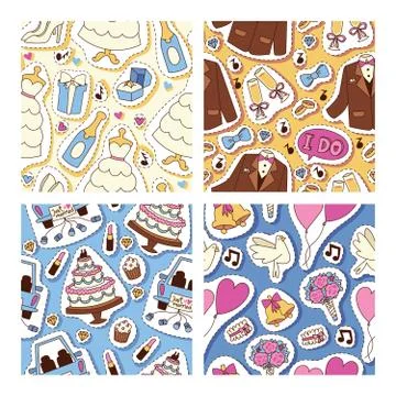 Wedding stickers seamless pattern vector illustration. Wedding patches, cakes Illustrazione stock