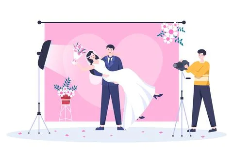 Wedding Studio Photo Flat Design. Photographer Shooting Model Man and Women w Stock Illustration
