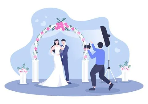 Wedding Studio Photo Flat Design. Photographer Shooting Model Man and Women w Stock Illustration