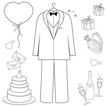Wedding suit set. Vector black and white coloring page Stock Illustration