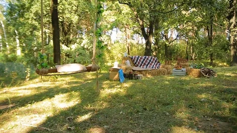 Wedding swing decorated with rope hanging on the branches of the old willow Stock Footage 82983634