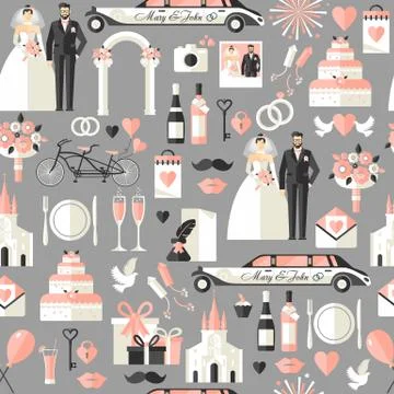 Wedding symbols set seamless surface pattern. Illustrazione stock