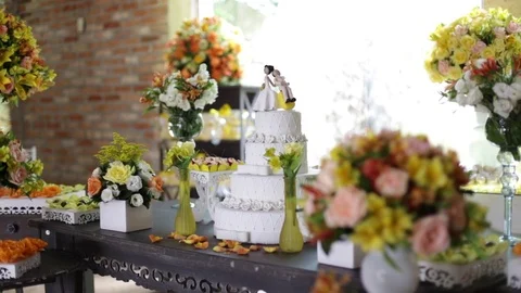 Wedding table and cake in center Stock Footage