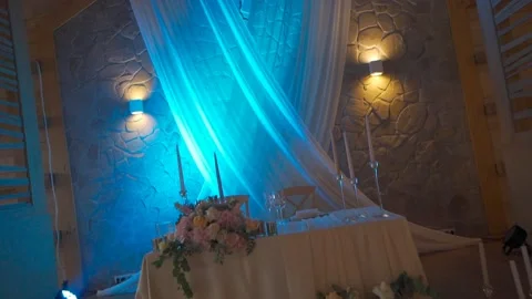 Wedding table with beautiful decoration and pink light Stock Footage 146243451