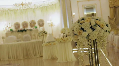 Wedding table with big cake floral decorations Stock Footage 60596820