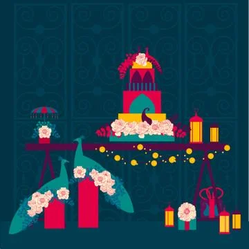 Wedding  table  with cake and peacock. Stock Illustration