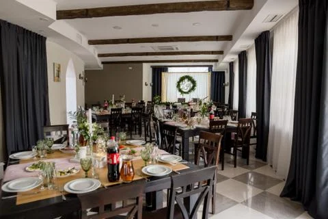 Wedding table with decor in a restaurant Stock Photos