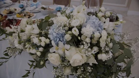 Wedding table decor. In white and blue colors. Stock Footage 167435932