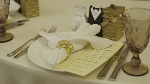 Wedding Table Decorated with Cute Packages Stock Footage 300476488